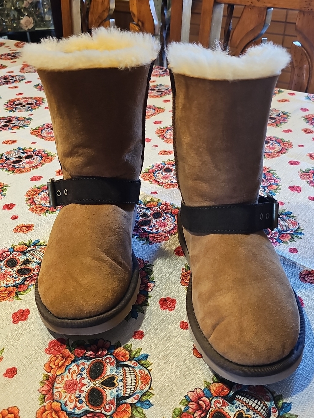 UGG Women's Chestnut Suede Shearling Boots with Black Strap